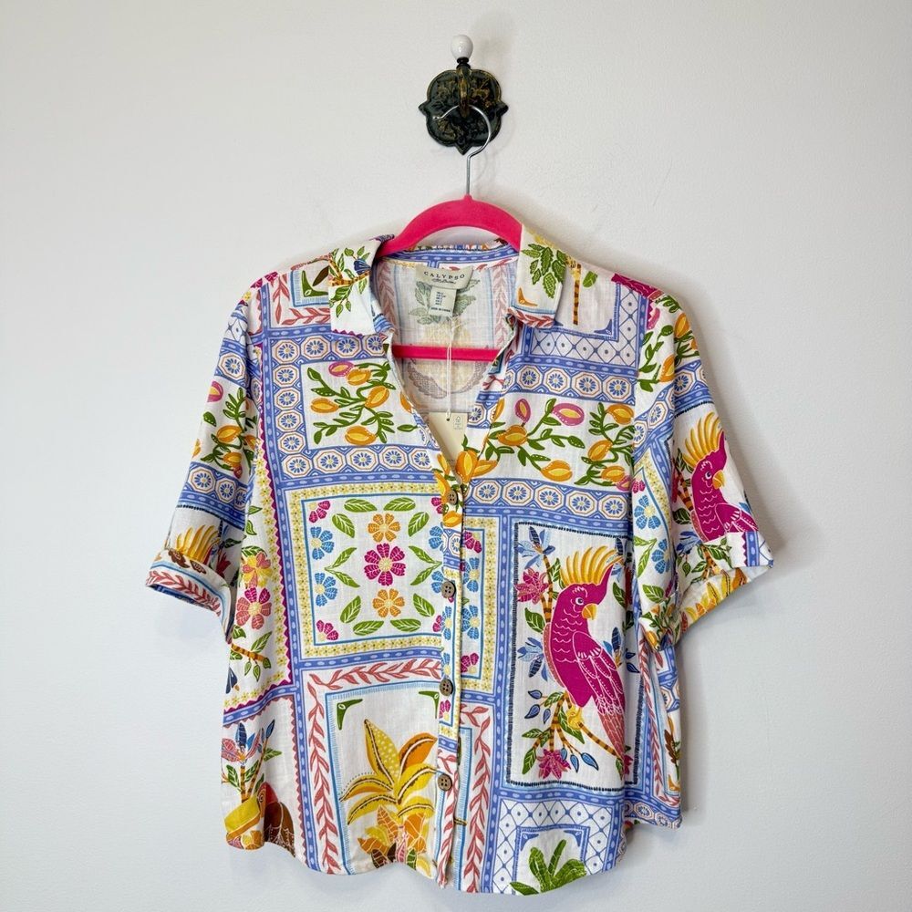 Calypso St. Barth Tropical Multi Block Pattern Blouse Top Women's Size Small NWT